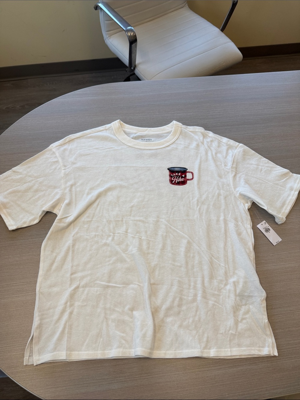Oversized White Tee with Red Coffee Cup Patch